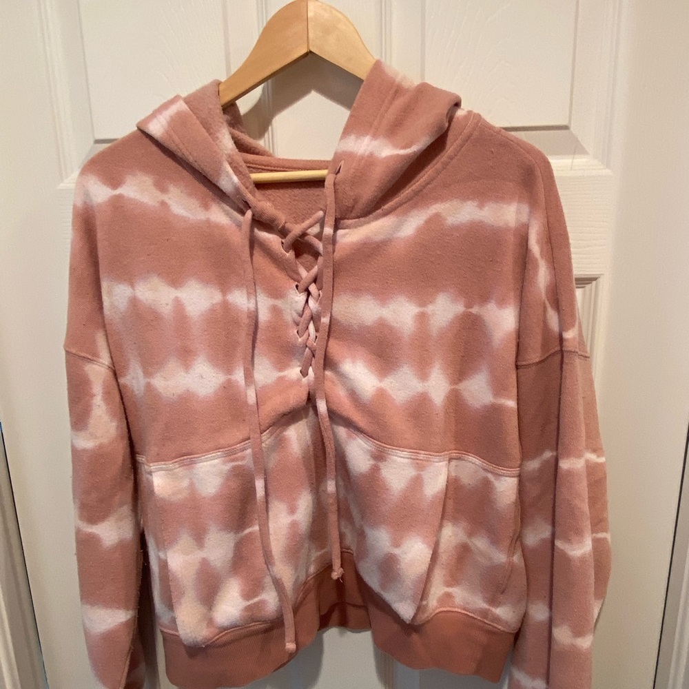 Free People rose gold tie dye hoodie with braided tassels